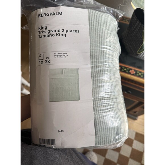 Ikea BERGPALM King Duvet Cover + 2 King Pillow Shams Green Stripe Cotton NEW - Picture 3 of 4
